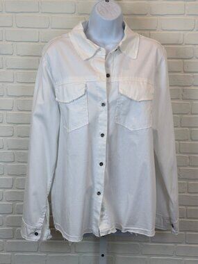 Tina Stephens White Frayed Hem Button-Up Shirt Chest Pockets